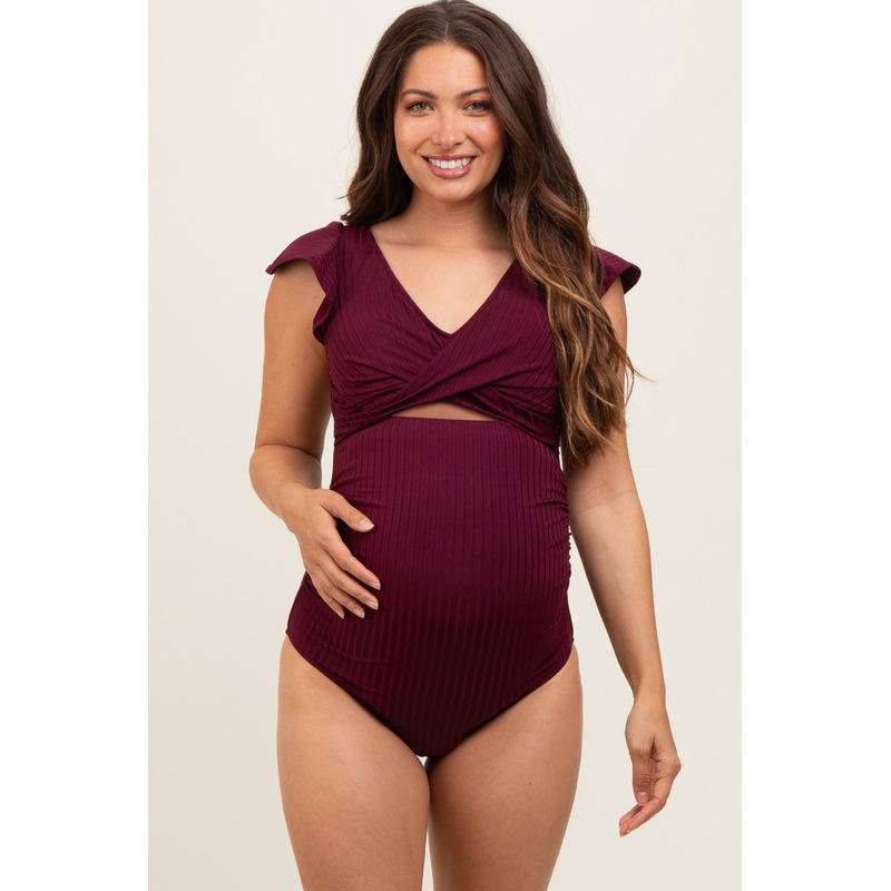 Plum Ribbed Ruched Cutout Flutter One Piece Maternity Swimsuit
