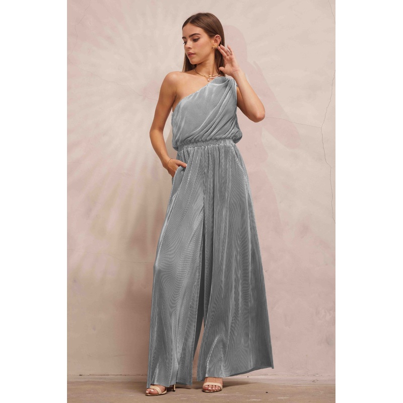 Stone Blue Asymmetric Pleated Jumpsuit