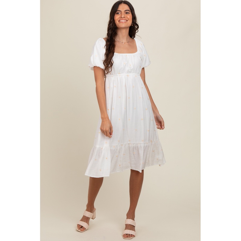 White Heart Embroidered Short Puff Sleeve Midi Dress