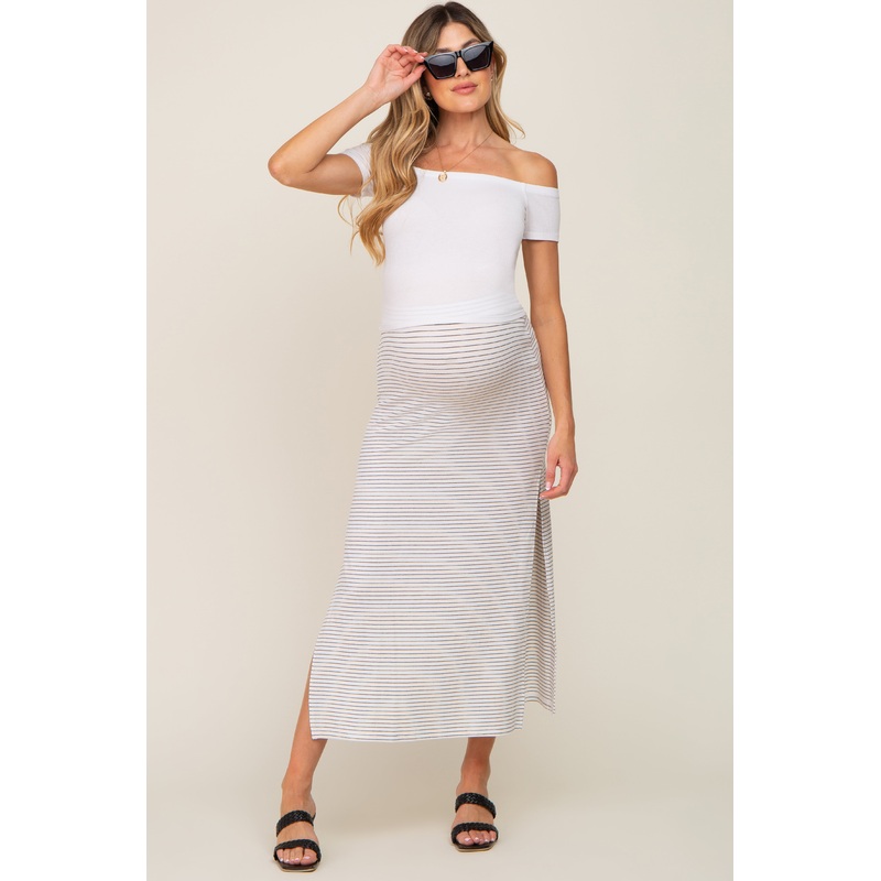 White Striped Side Slit Maternity Maxi Skirt