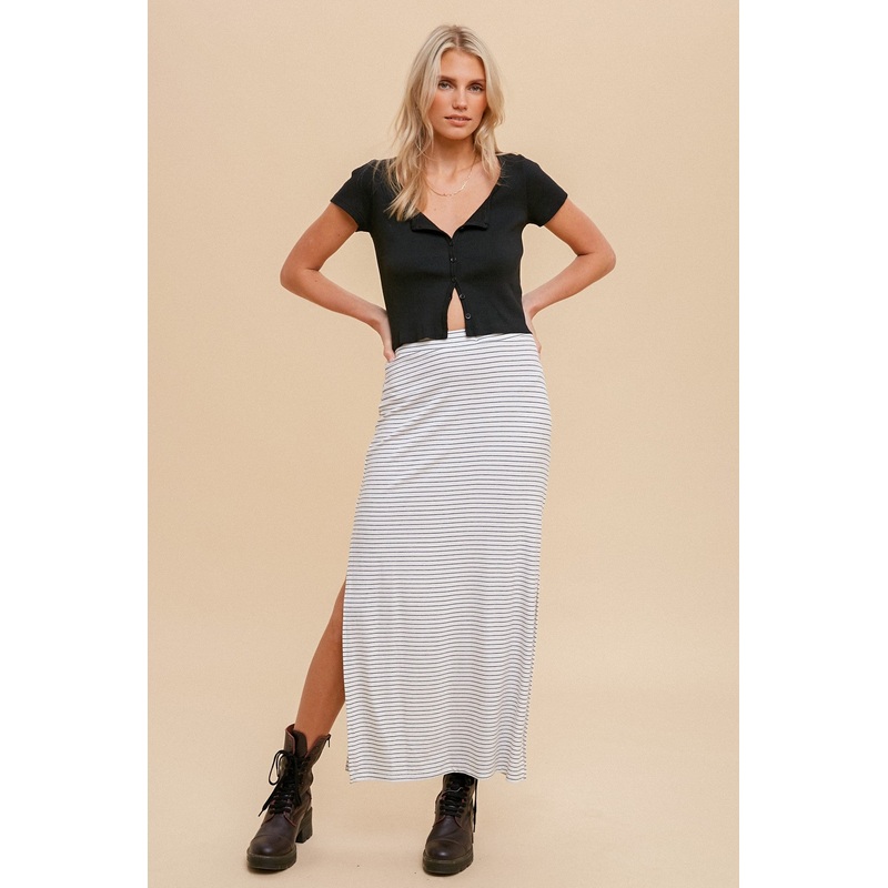 White Striped Side Slit Maxi Skirt