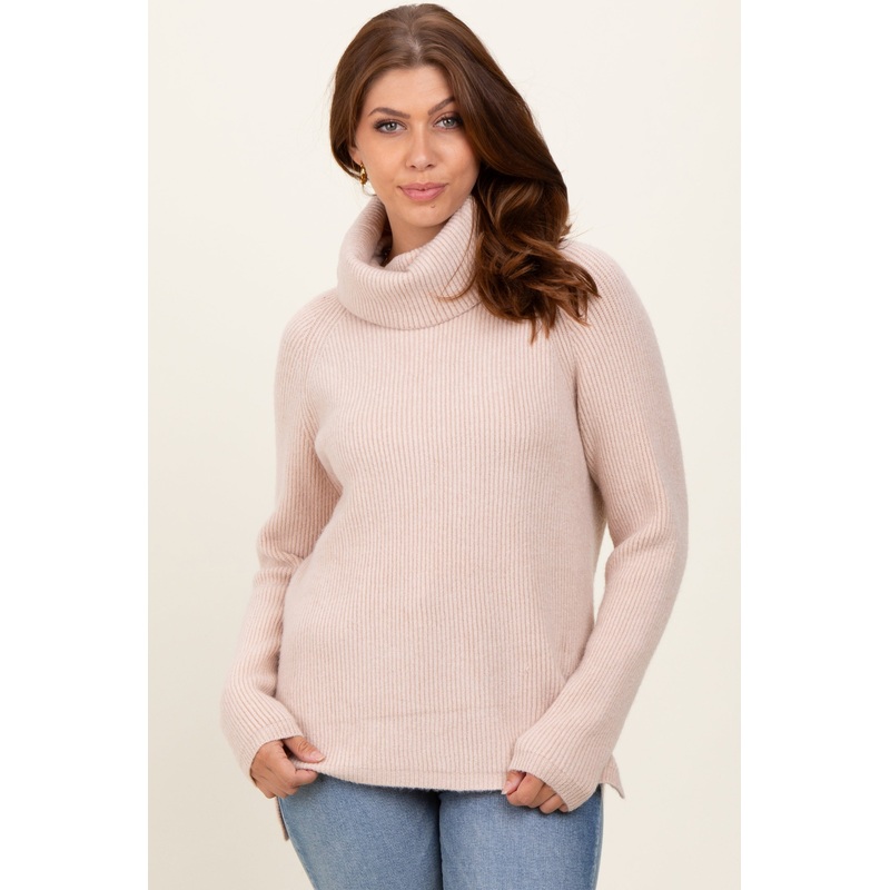 Beige Basic Ribbed Turtle Neck Sweater