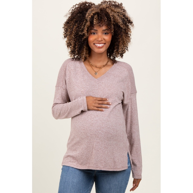 Beige Basic V-Neck Long Sleeve Brushed Knit Maternity Top