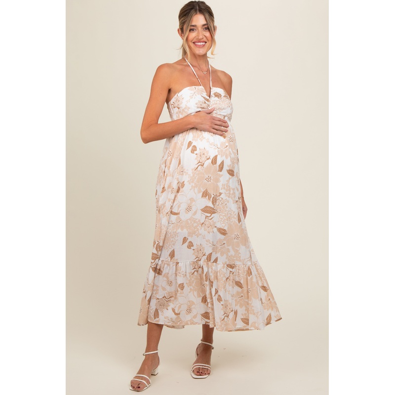 Beige Floral Ruched Front Halter Maternity Midi Dress