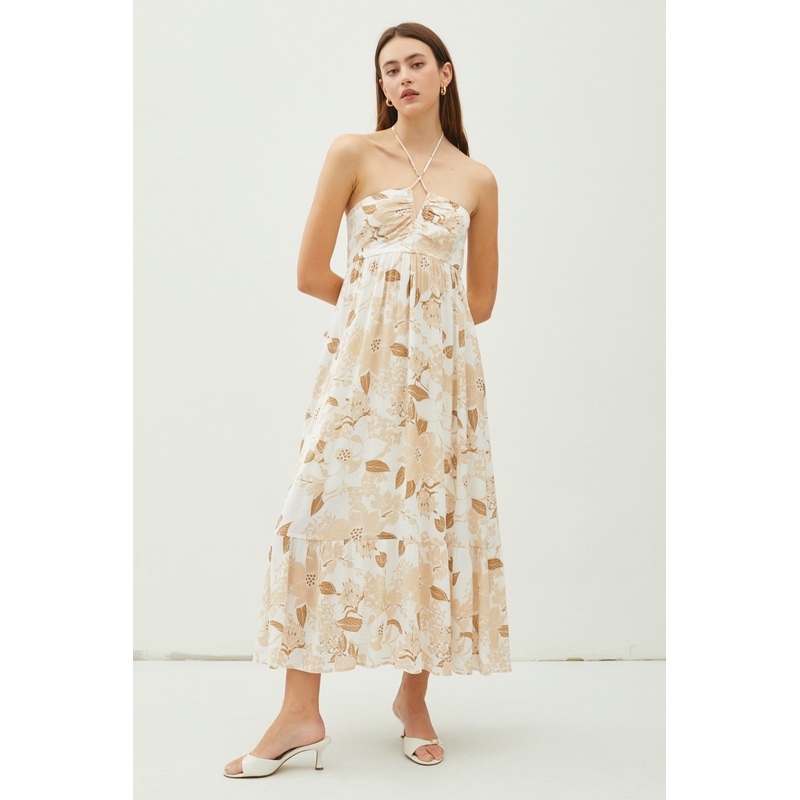 Beige Floral Ruched Front Halter Midi Dress