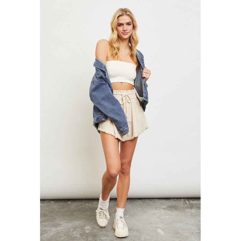 Beige Fringe Hem Drawstring Shorts