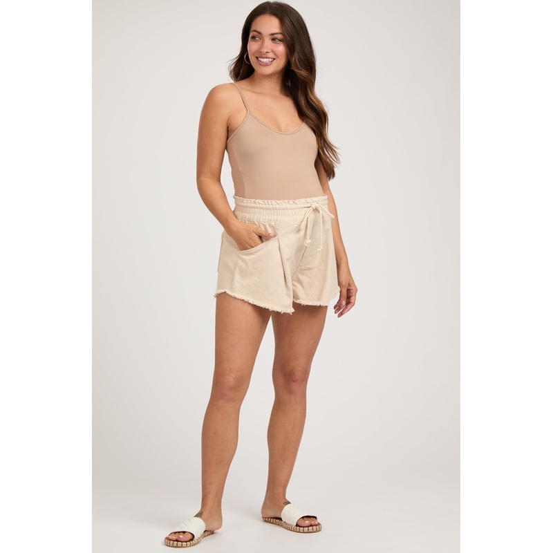 Beige Fringe Hem Maternity Drawstring Shorts
