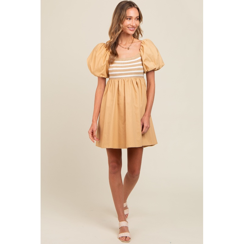 Beige Knit Contrast Poplin Dress