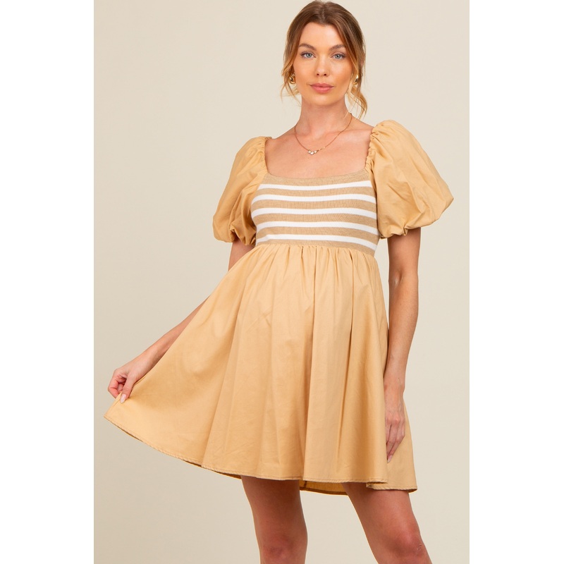 Beige Knit Contrast Poplin Maternity Dress