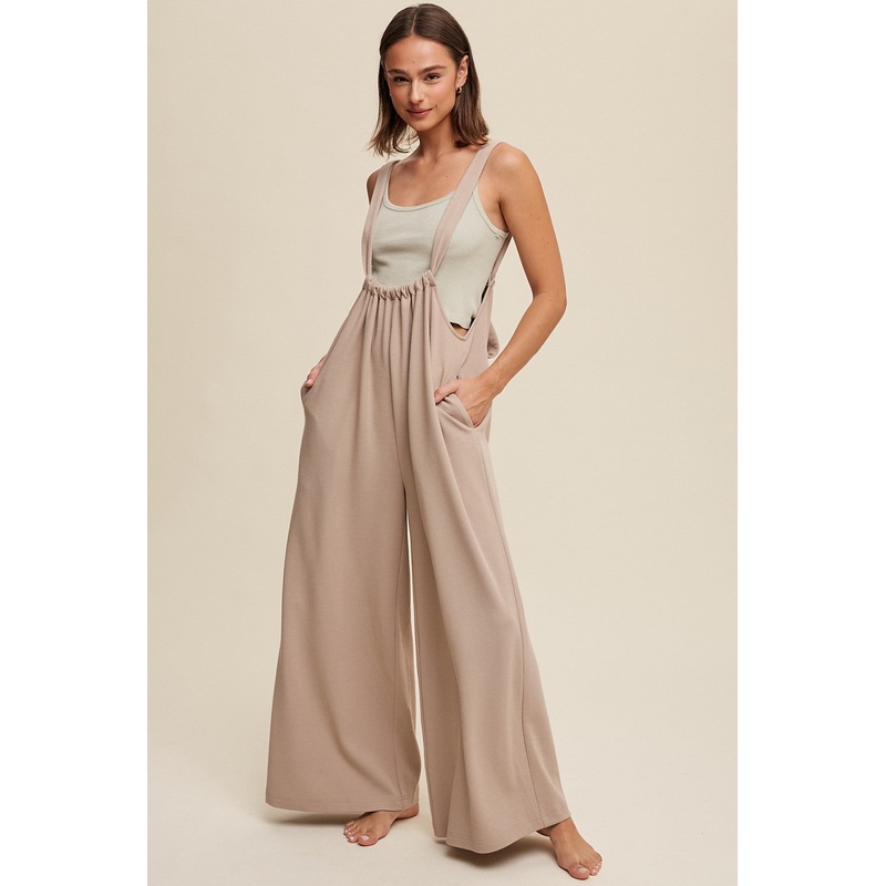Beige Ribbed Drawstring Wide Leg Jumpsuit