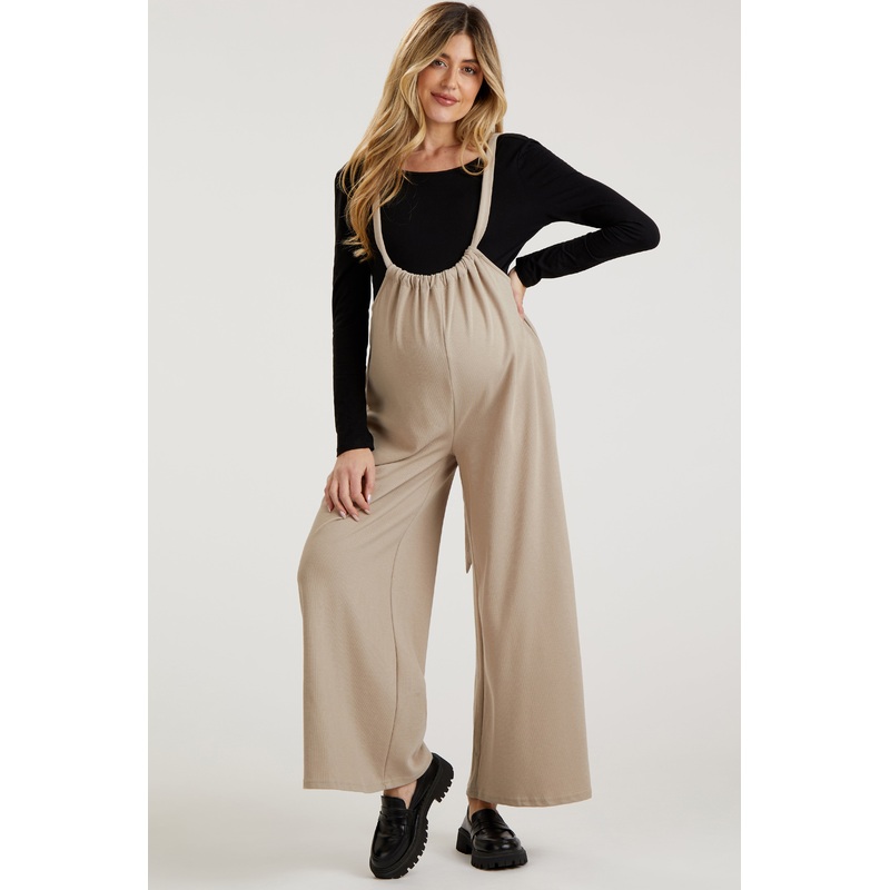 Beige Ribbed Drawstring Wide Leg Maternity Jumpsuit