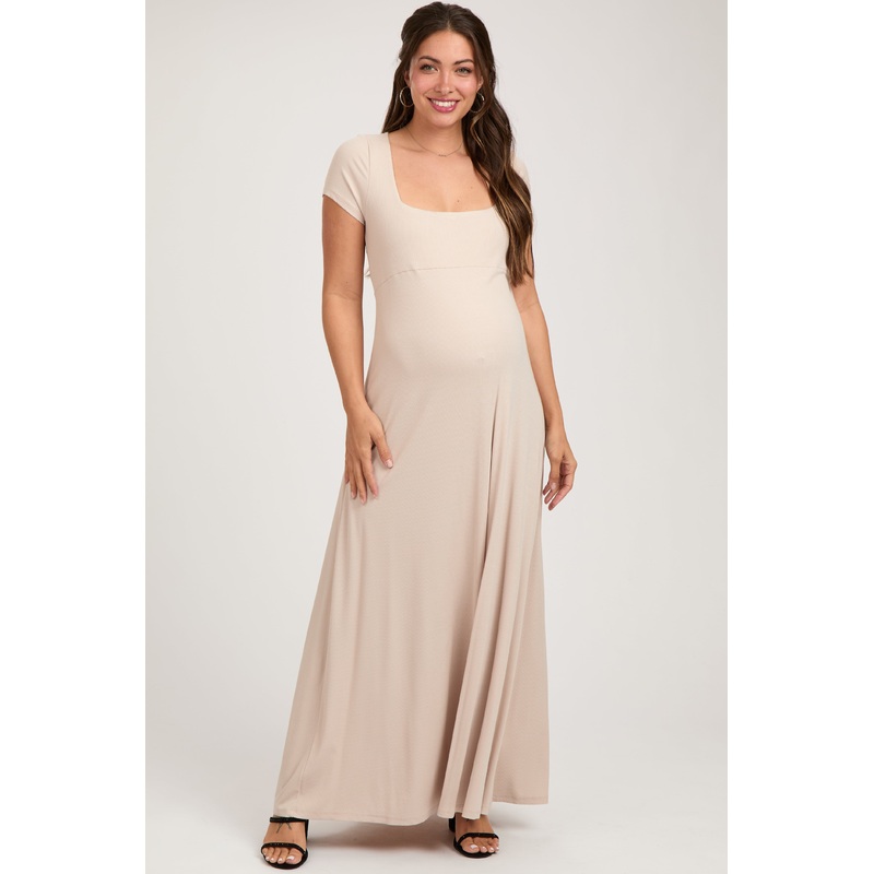 Beige Ribbed Square Neck Short Sleeve Maternity Maxi Dress