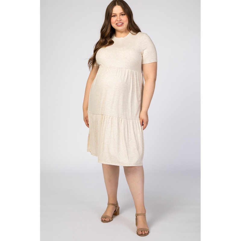 Beige Ribbed Tiered Maternity Plus Dress