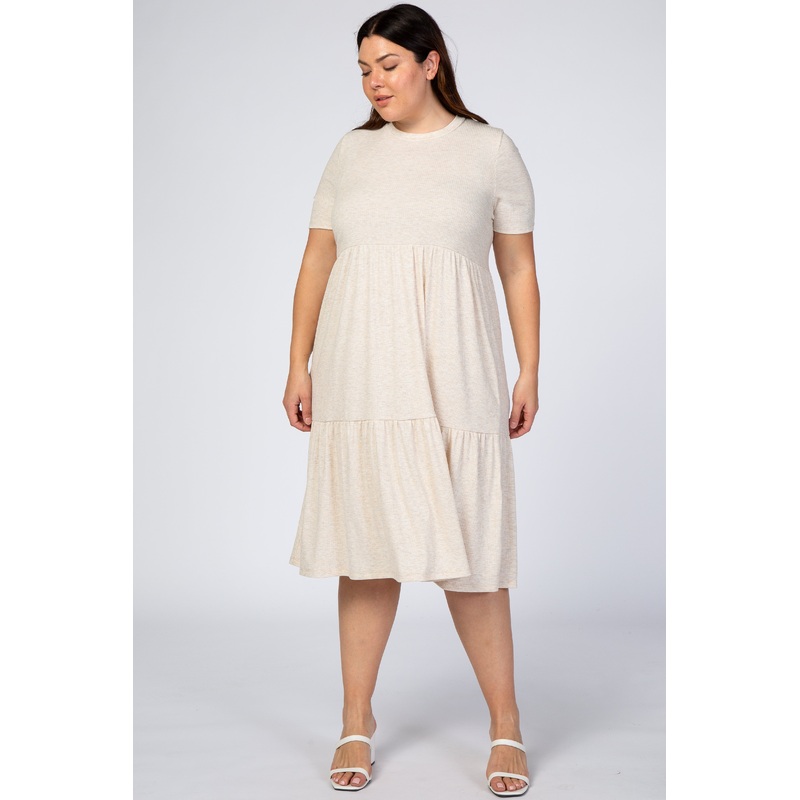 Beige Ribbed Tiered Plus Dress