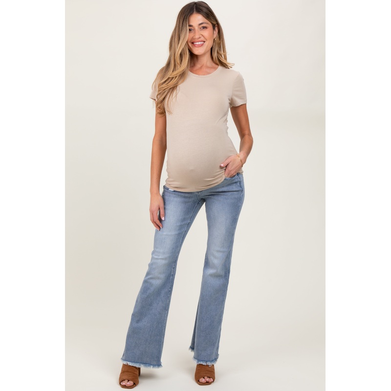 Light Blue Distressed Fringe Hem Flare Leg Maternity Jeans