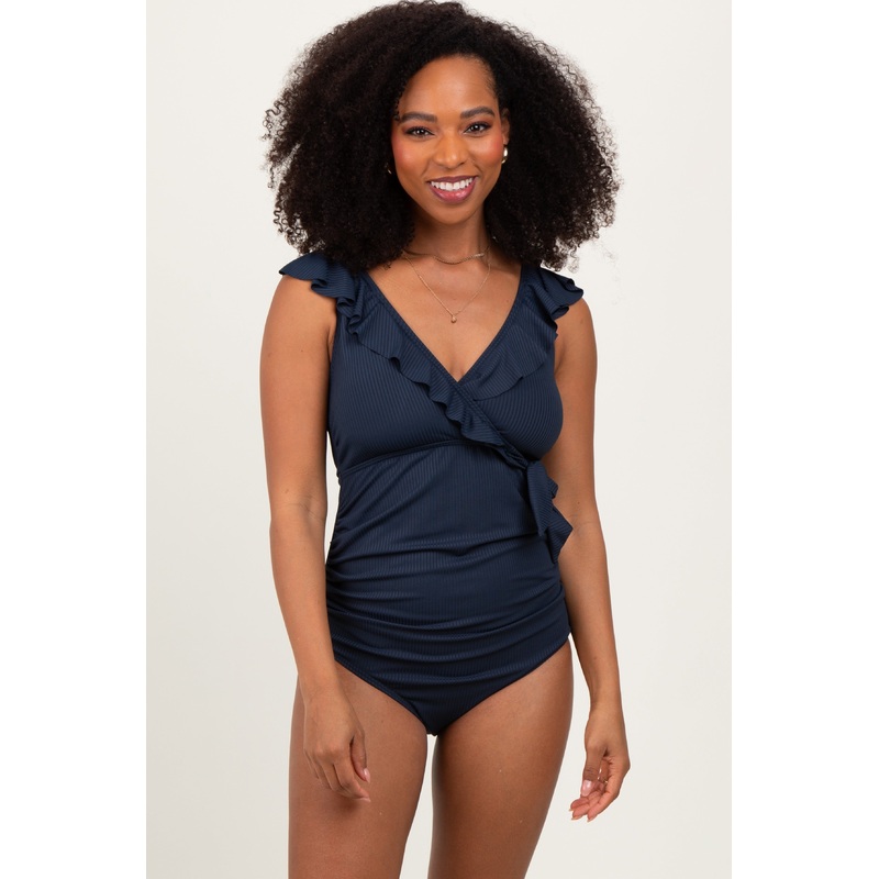 Navy Rib Ruffle V Neck Side Tie Knot Swimsuit