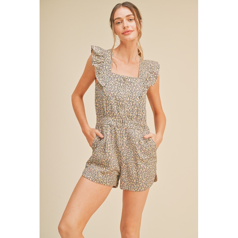 Slate Grey Fl Flutter Sleeve Denim Romper