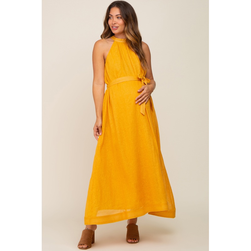Yellow Linen A-line Maternity Midi Dress