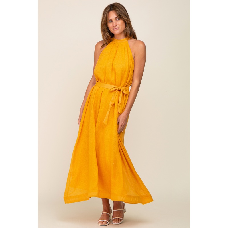 Yellow Linen A-line Midi Dress