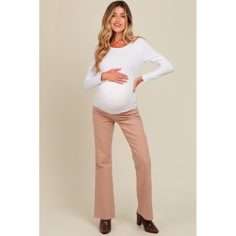Beige Flare Leg Raw Hem Maternity Jeans