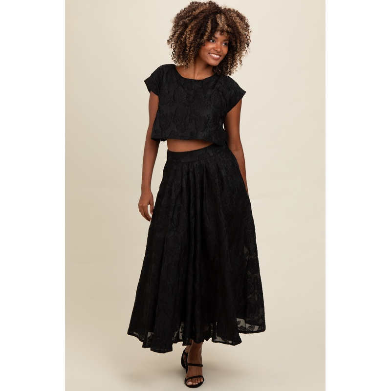 Black Floral Jacquard Crop Top and Skirt Set