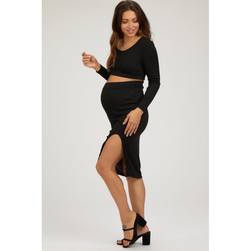 Black Ribbed Long Sleeve Crop Top Maternity Skirt Set
