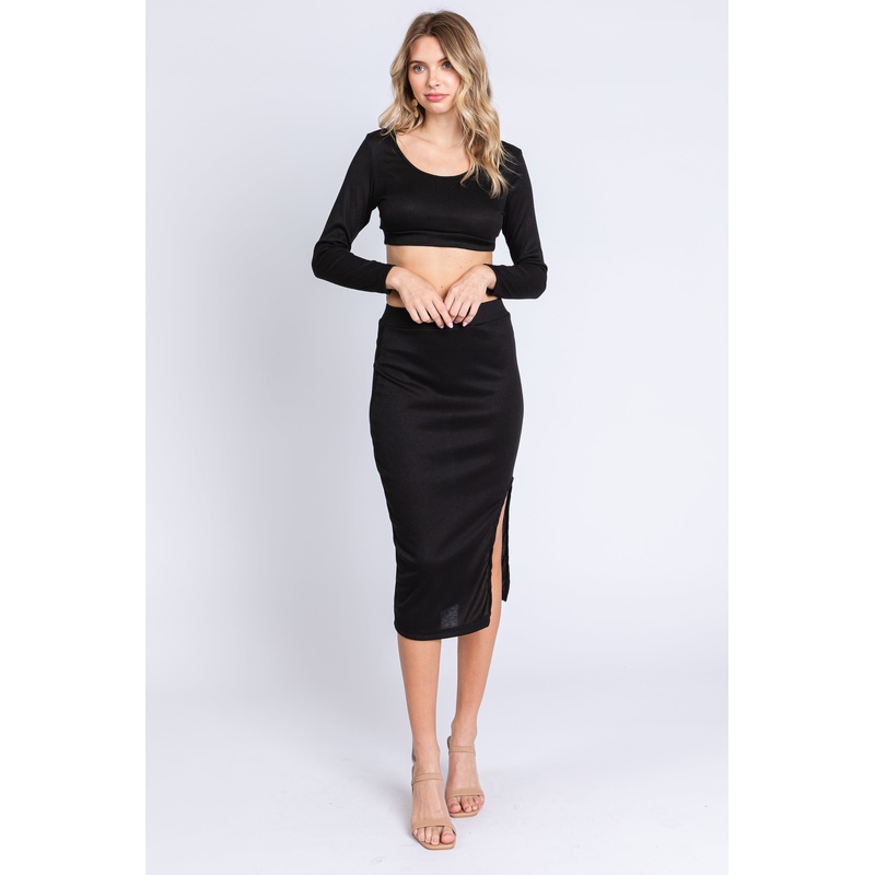 Black Ribbed Long Sleeve Crop Top Skirt Set
