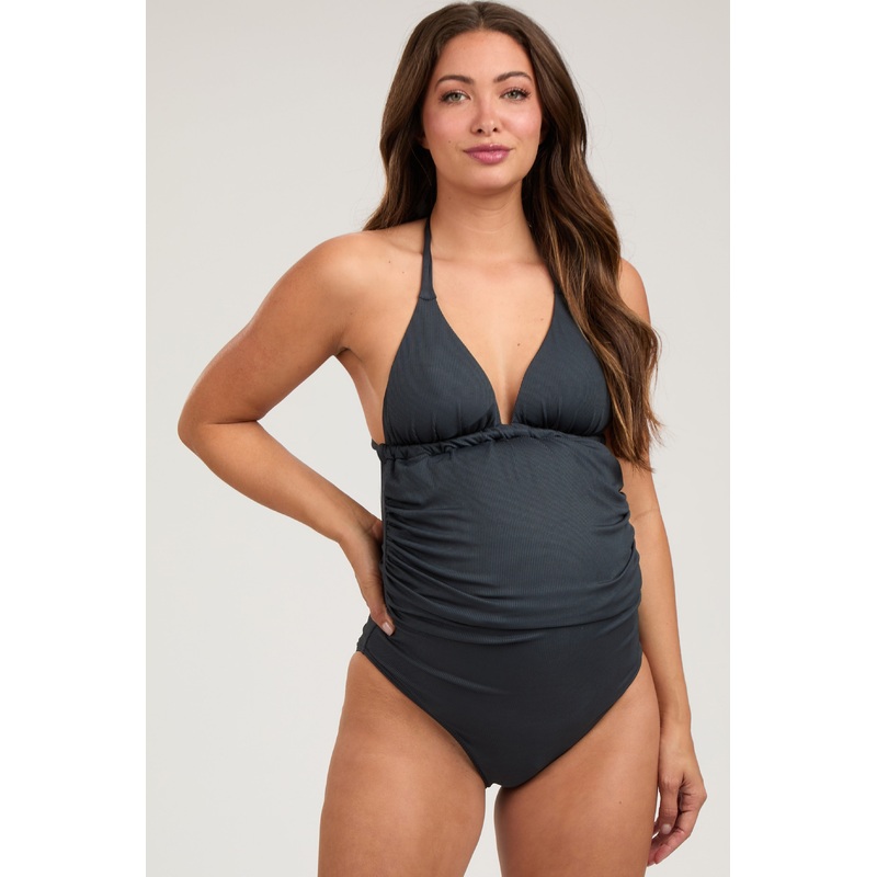 Black Ribbed Low Back Halter One-Piece Maternity Swimsuit