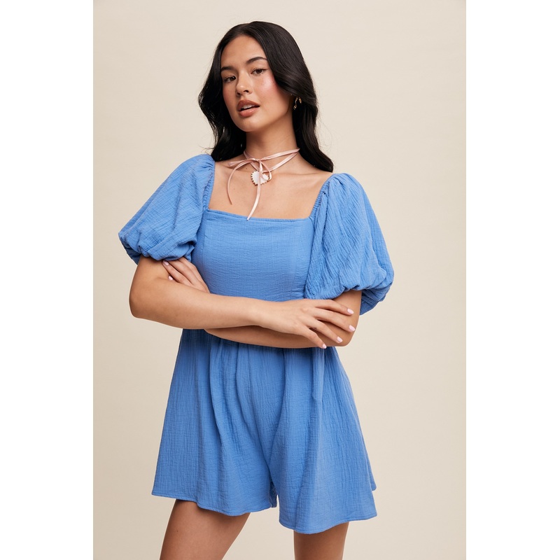 Bright Blue Square Neck Puff Sleeve Babydoll Romper