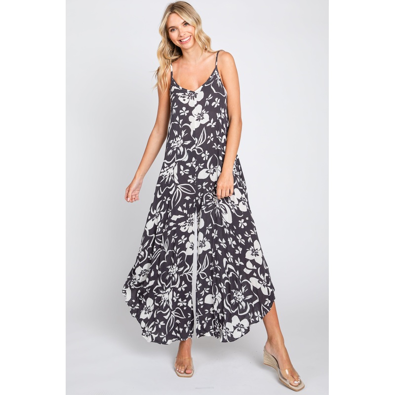 Charcoal Tropical Floral V-Neck Round Hem Jumpsuit