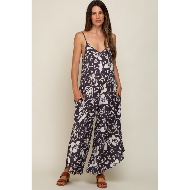 Charcoal Tropical Floral V-Neck Round Hem Maternity Jumpsuit