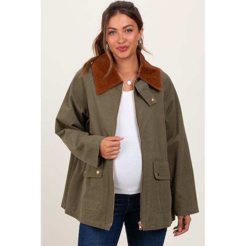 Olive Gingham Lined Maternity Zipper Jacket
