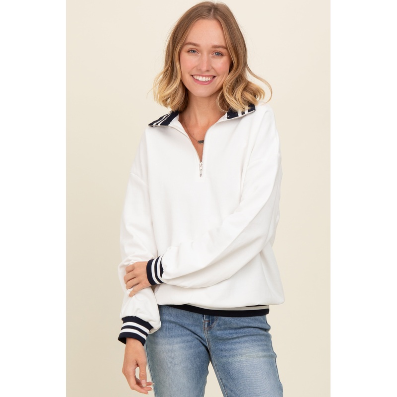 White Contrast Stripe Half Zip Pullover