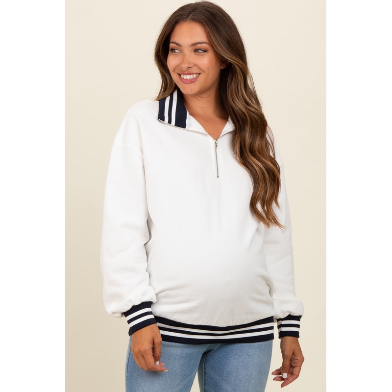 White Contrast Stripe Maternity Half Zip Pullover