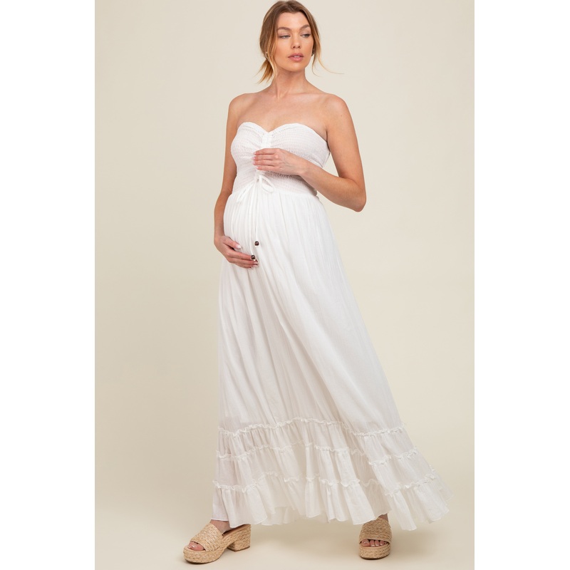 White Smocked Cutout Back Maternity Maxi Dress
