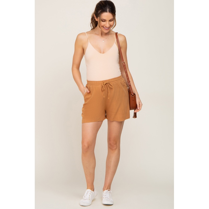 Yellow Drawstring Linen Maternity Shorts