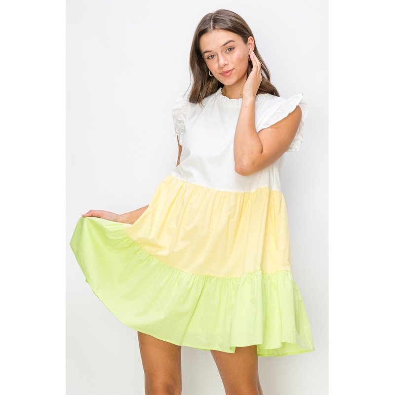 Yellow Multi Poplin Color Block Mini Dress