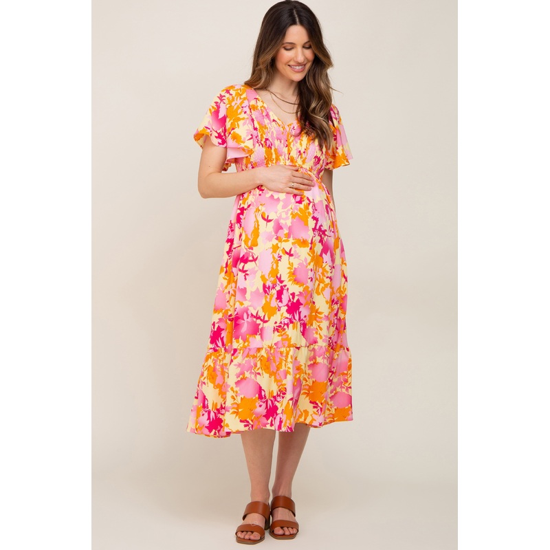 Yellow Print Smocked V-Neck Maternity Midi Dress