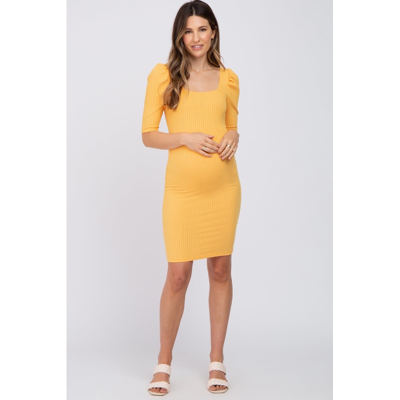 Yellow Ribbed Square Neck Puff Short Sleeve Maternity Dress