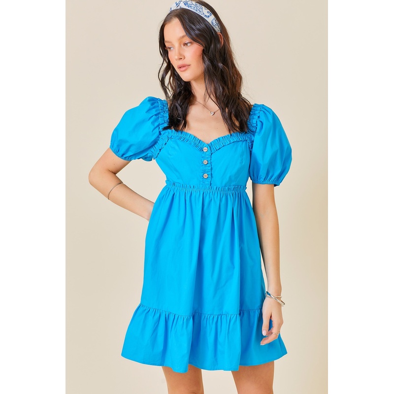 Aqua Puff Sleeve Ruffle Accent Mini Dress