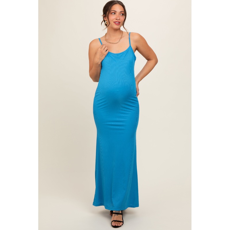 Aqua Ribbed Fitted Maternity Maxi Dress