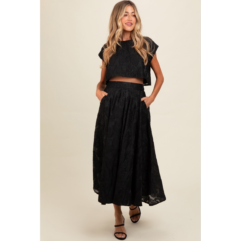 Black Floral Jacquard Crop Top and Skirt Maternity Set