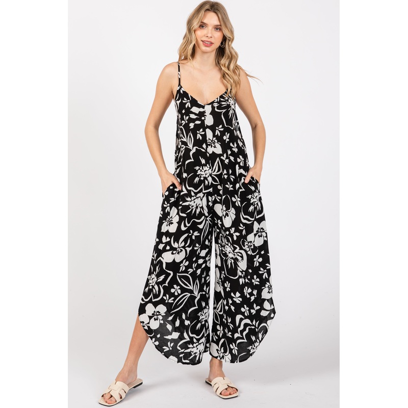 Black Tropical Floral V-Neck Back Cutout Round Hem Jumpsuit