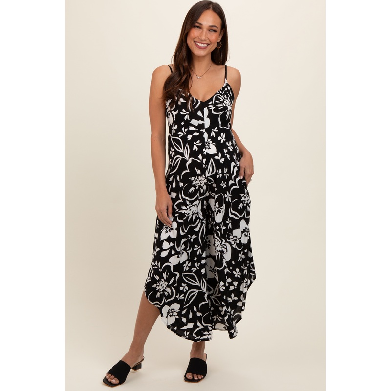 Black Tropical Floral V-Neck Back Cutout Round Hem Maternity Jumpsuit