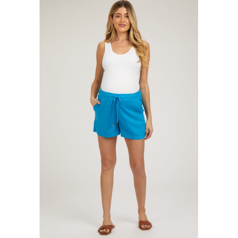 Blue Linen Drawstring Maternity Shorts