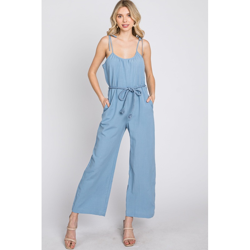 Blue Shoulder Tie Linen Jumpsuit
