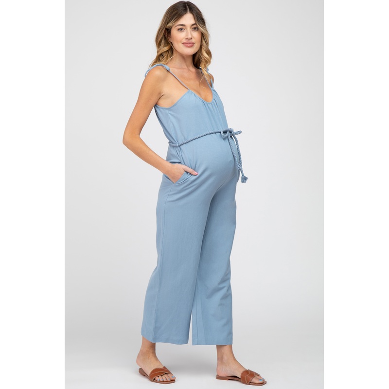 Blue Shoulder Tie Linen Maternity Jumpsuit