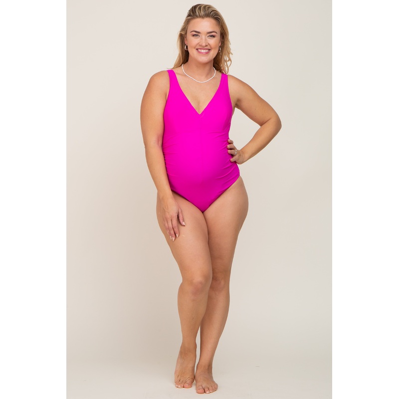 Fuchsia Ruched Plus Maternity One Piece Swimsuit