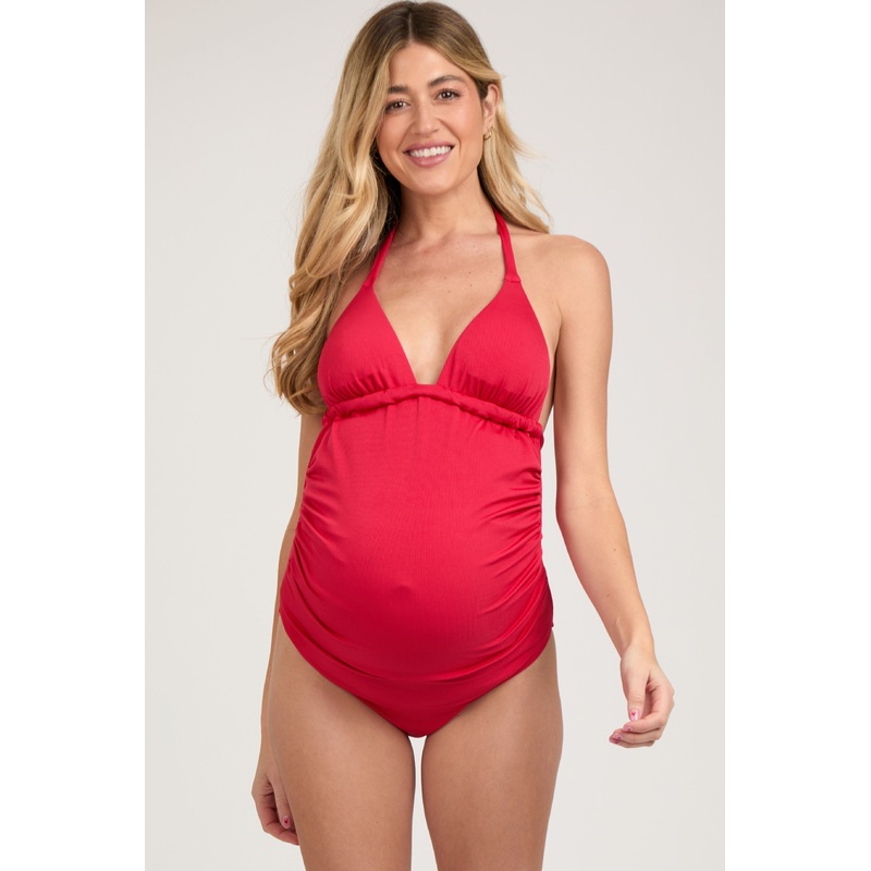 Red Ribbed Low Back Halter One-Piece Maternity Swimsuit