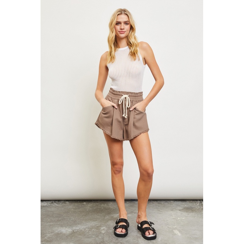 Taupe Fringe Hem Drawstring Shorts